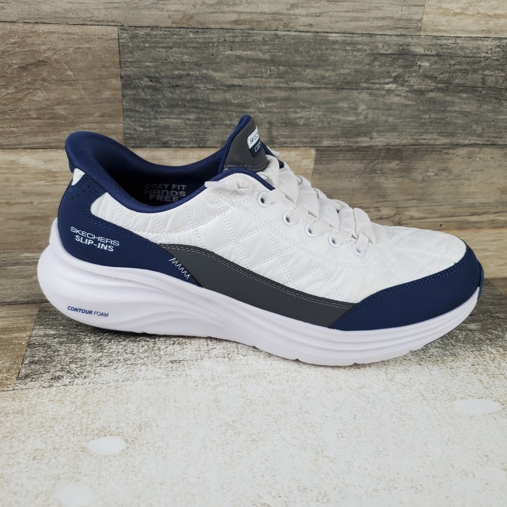 Skechers Contour Foam Womens Shoes Sz 9 M White Navy Lace Up Hands Free Sneakers